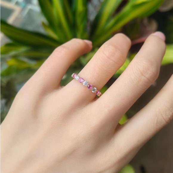 18k Diamond Pink Sapphire Eternity Ring Band - Picture 10 of 10